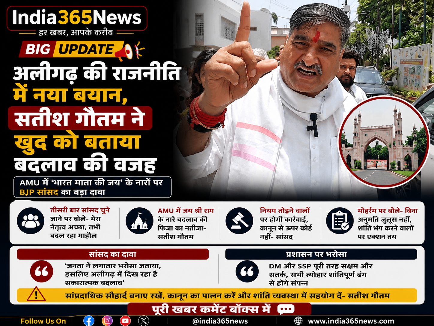 अलीगढ़ की राजनीति में नया बयान, सतीश गौतम ने खुद को बताया बदलाव की वजह
