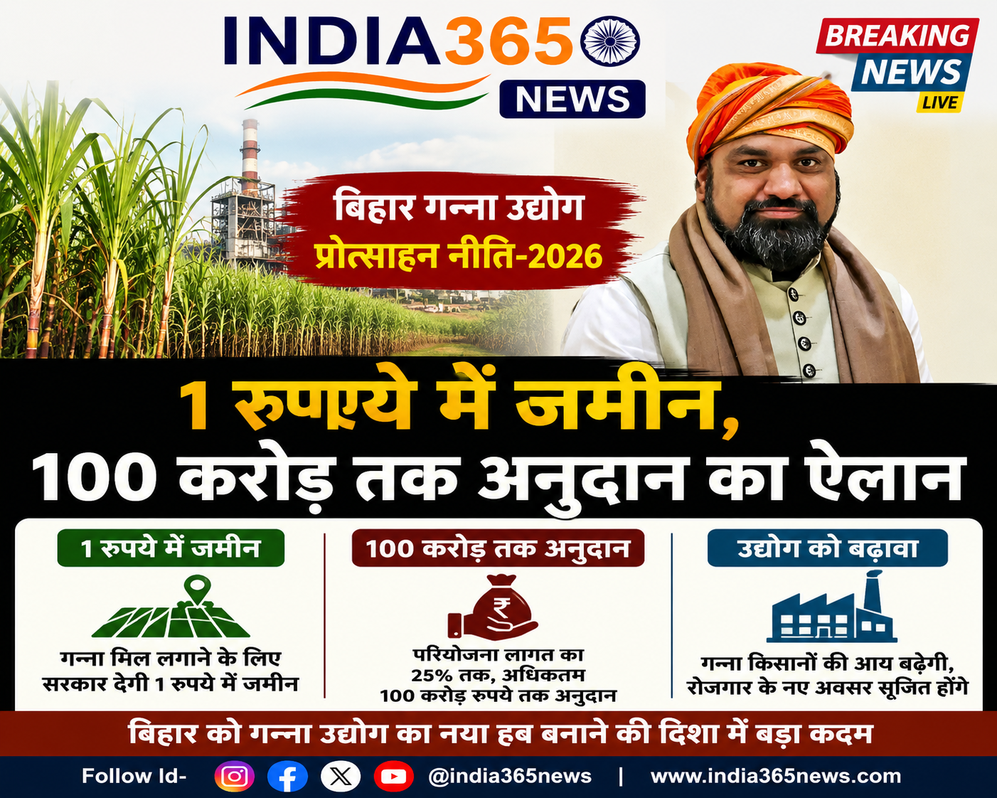 बिहार गन्ना उद्योग प्रोत्साहन नीति-2026: 1 रुपये में जमीन, 100 करोड़ तक अनुदान का ऐलान