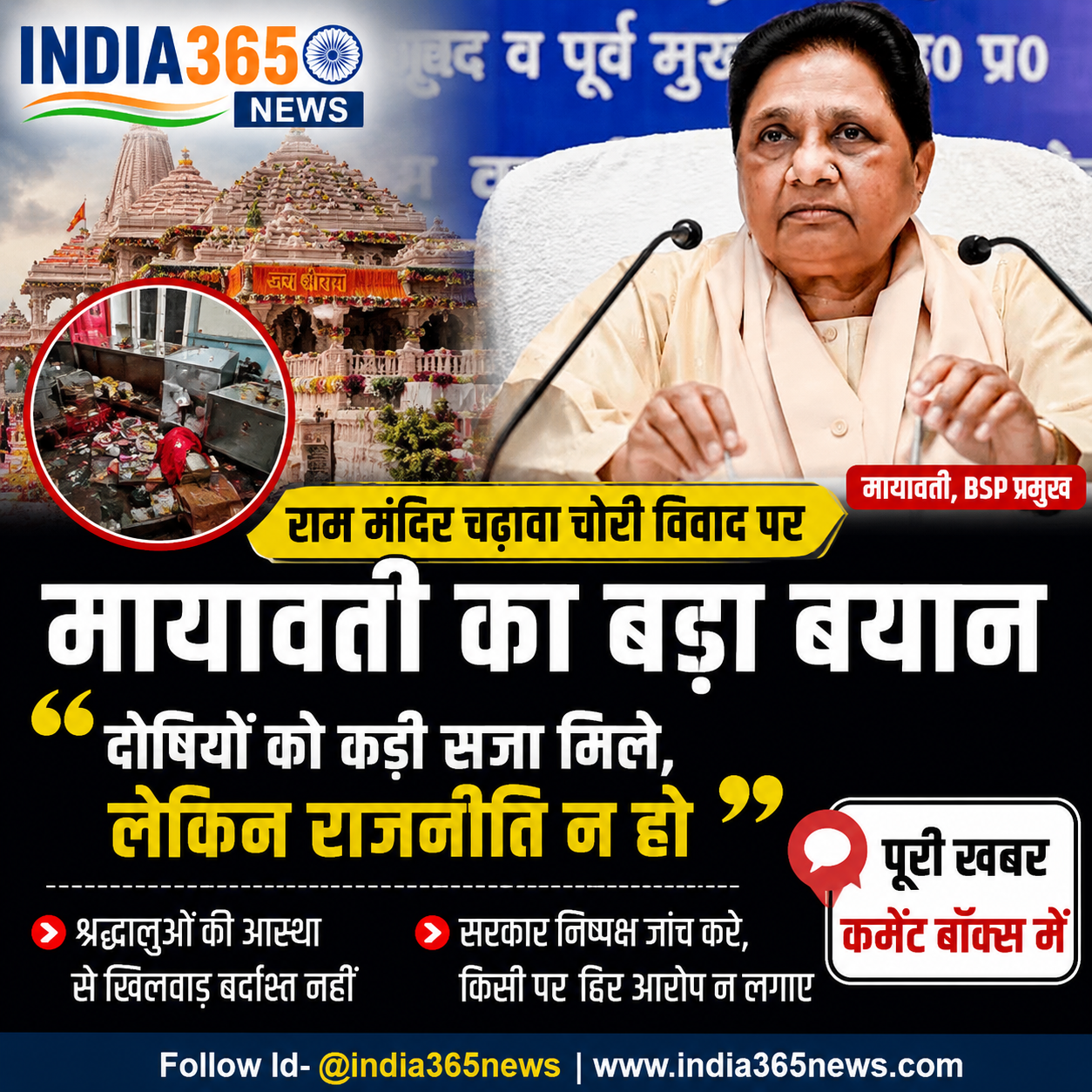 राम मंदिर चढ़ावा चोरी विवाद पर मायावती का बड़ा बयान, बोलीं- दोषियों को सजा मिले, लेकिन राजनीति न हो