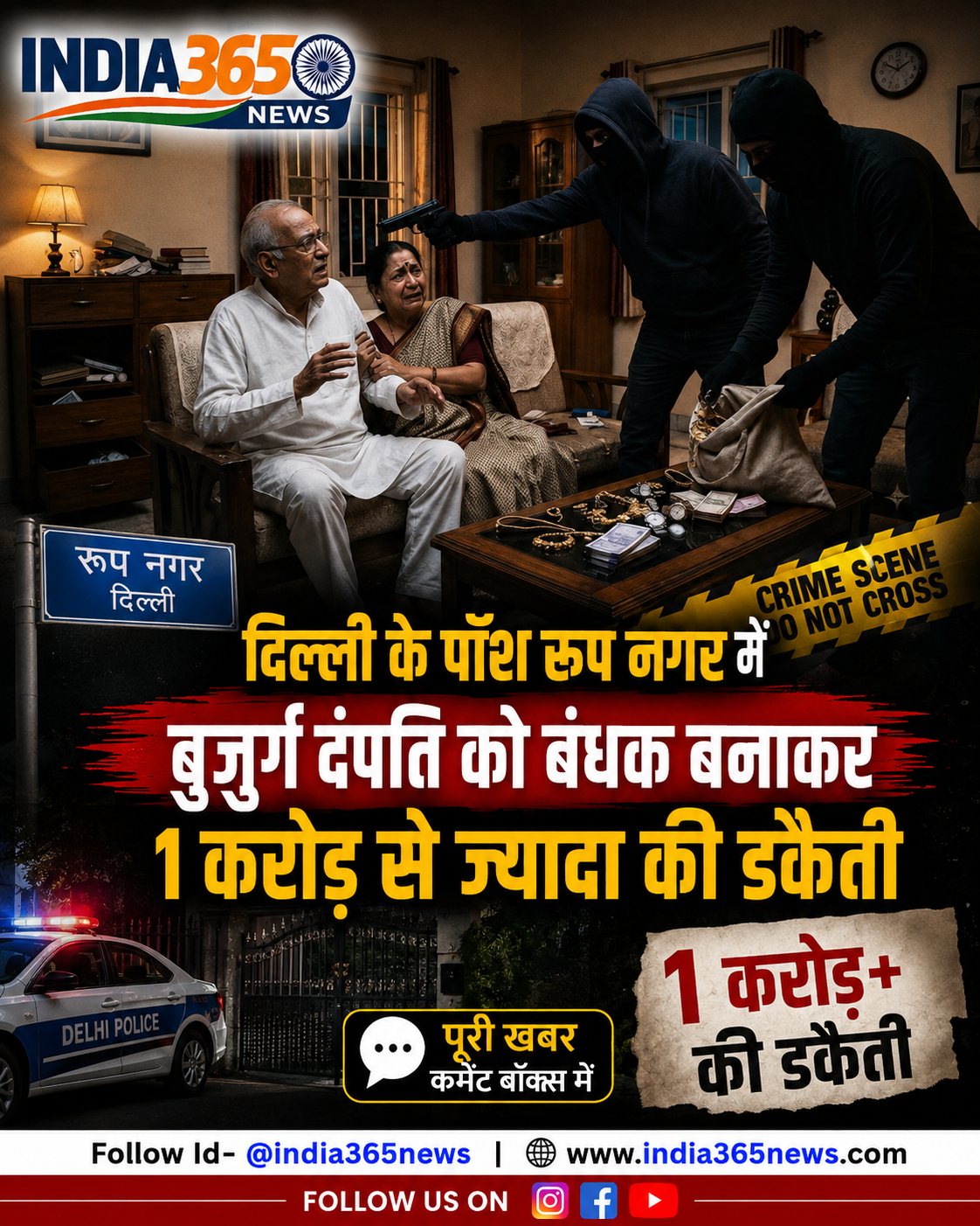 दिल्ली के पॉश रूप नगर में बुजुर्ग दंपत्ति को बंधक बनाकर 1 करोड़ से ज्यादा की डकैती