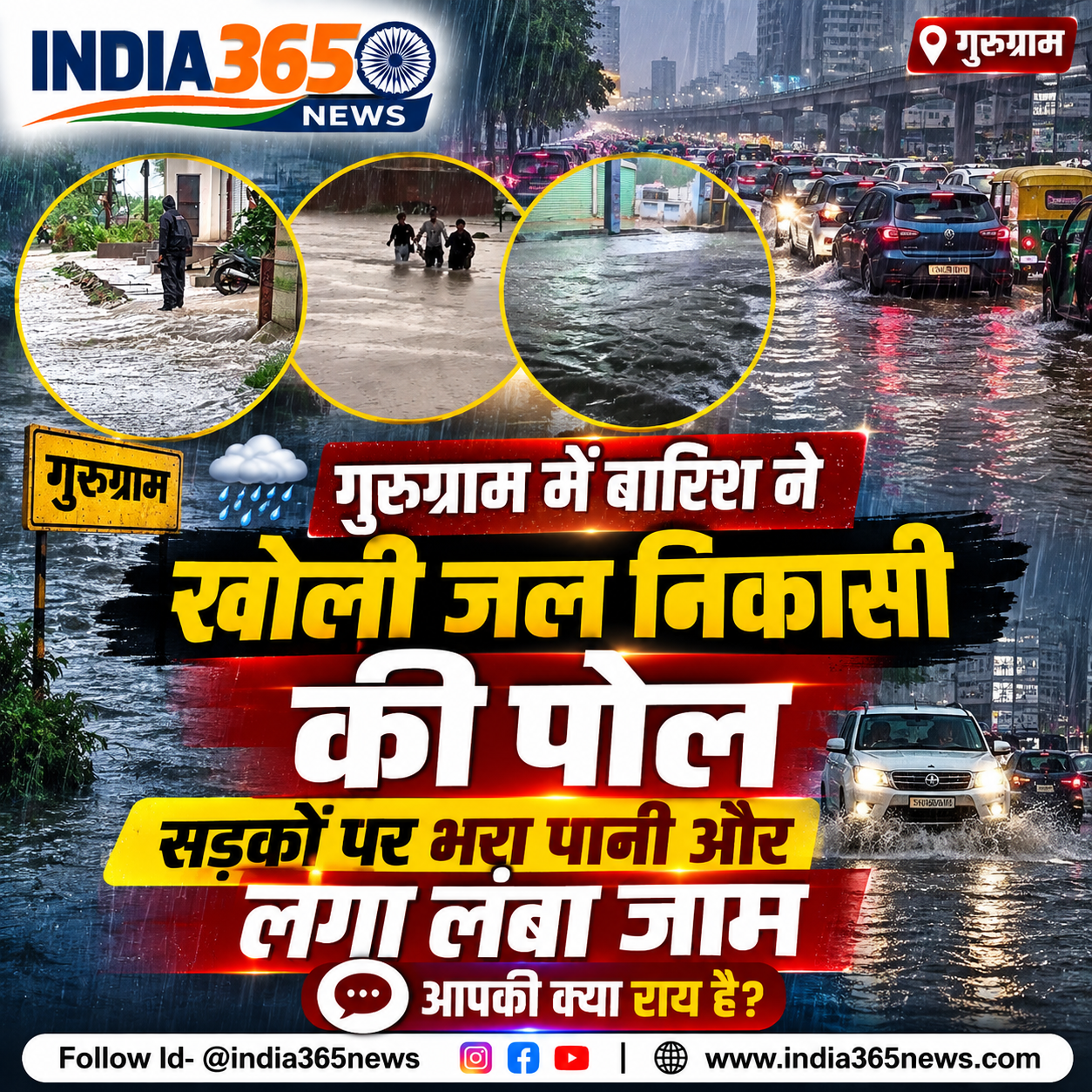 गुरुग्राम में बारिश ने खोली जल निकासी की पोल, सड़कों पर भरा पानी और लगा लंबा जाम