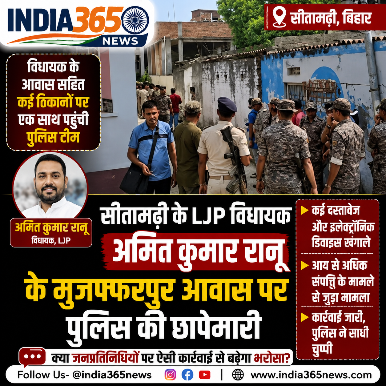 सीतामढ़ी के LJP विधायक अमित कुमार रानू के मुजफ्फरपुर आवास पर पुलिस की छापेमारी