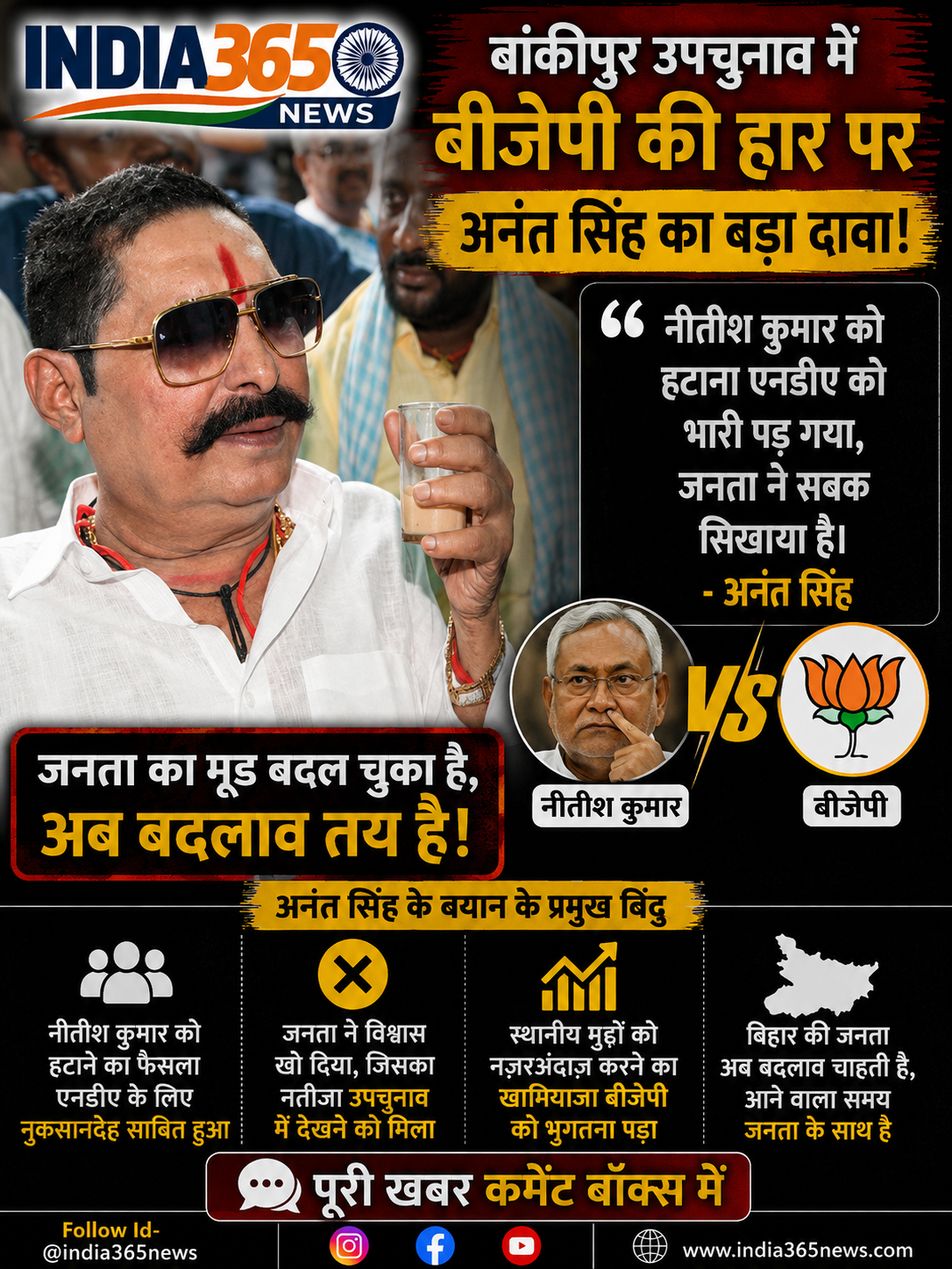 बांकीपुर में बीजेपी की हार पर अनंत सिंह का बड़ा दावा, बोले- नीतीश कुमार को हटाना एनडीए को पड़ा भारी