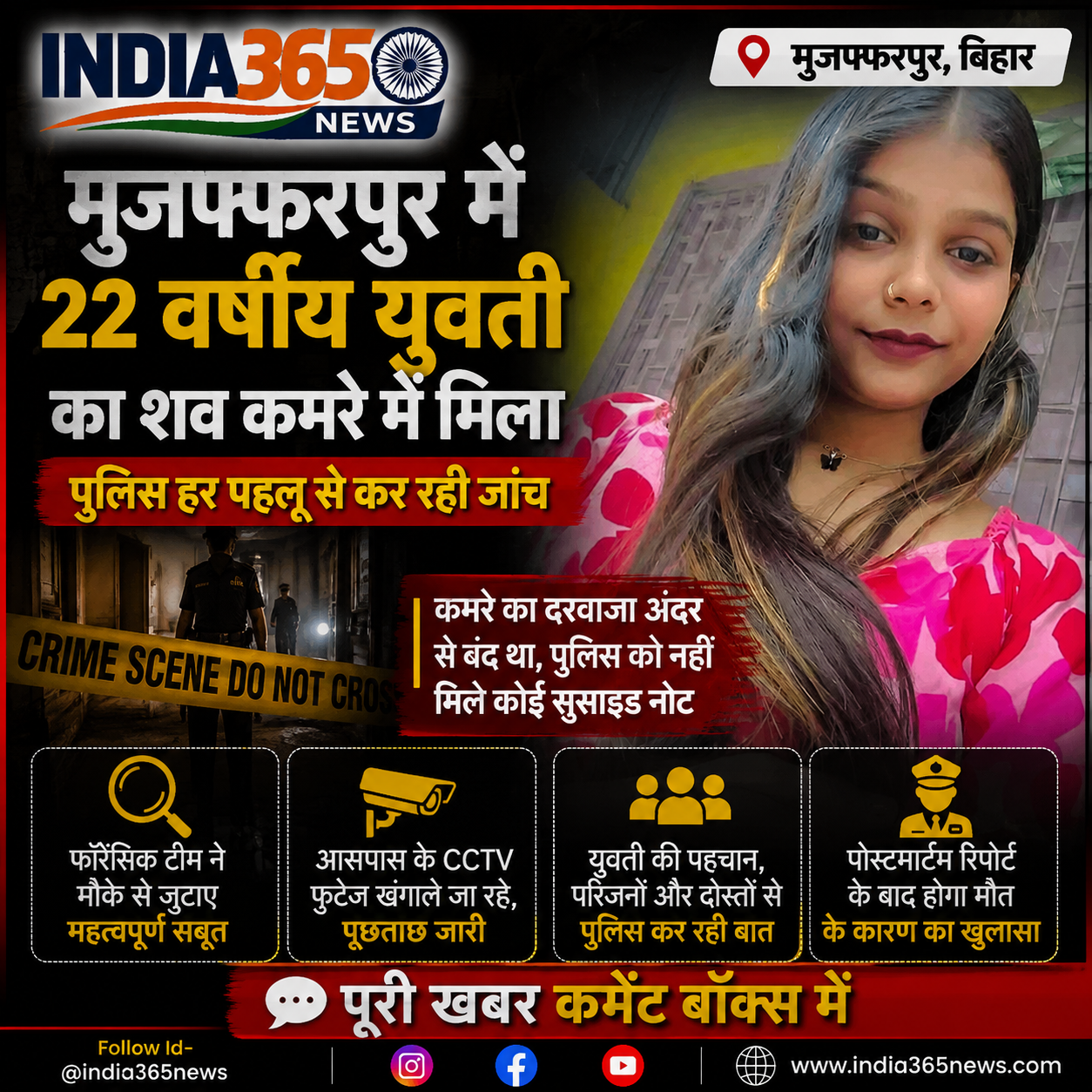 मुजफ्फरपुर में 22 वर्षीय युवती का शव कमरे में मिला, पुलिस हर पहलू से कर रही जांच