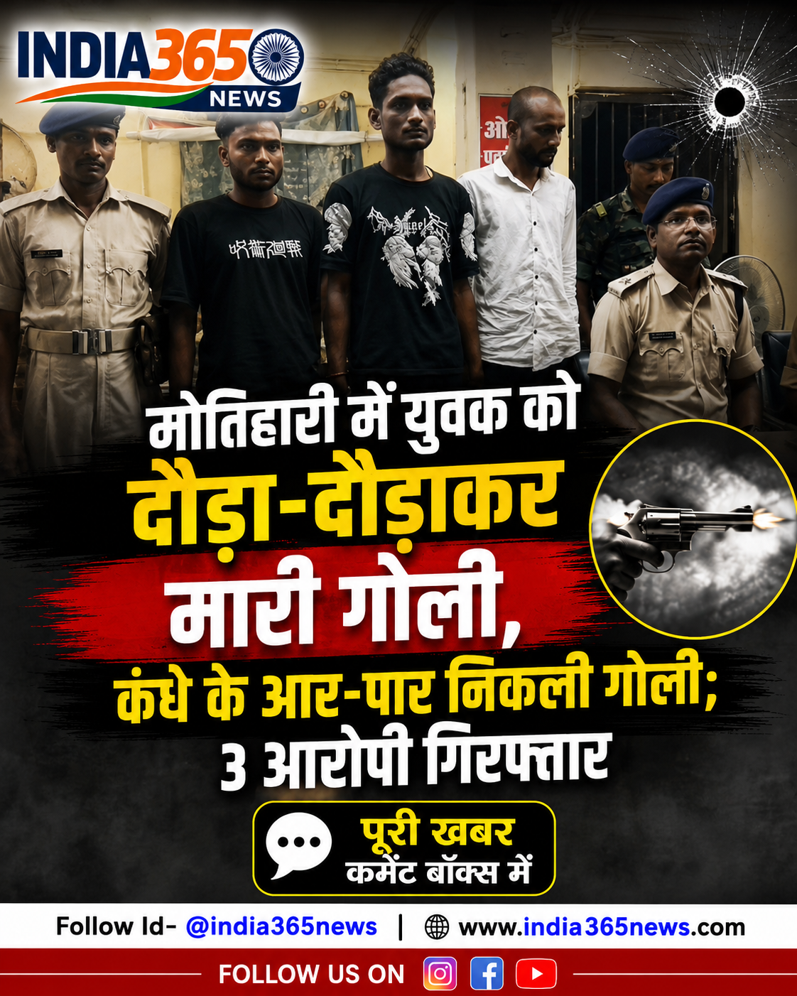 मोतिहारी में युवक को दौड़ा-दौड़ाकर मारी गोली, कंधे के आर-पार निकली गोली; 3 आरोपी गिरफ्तार