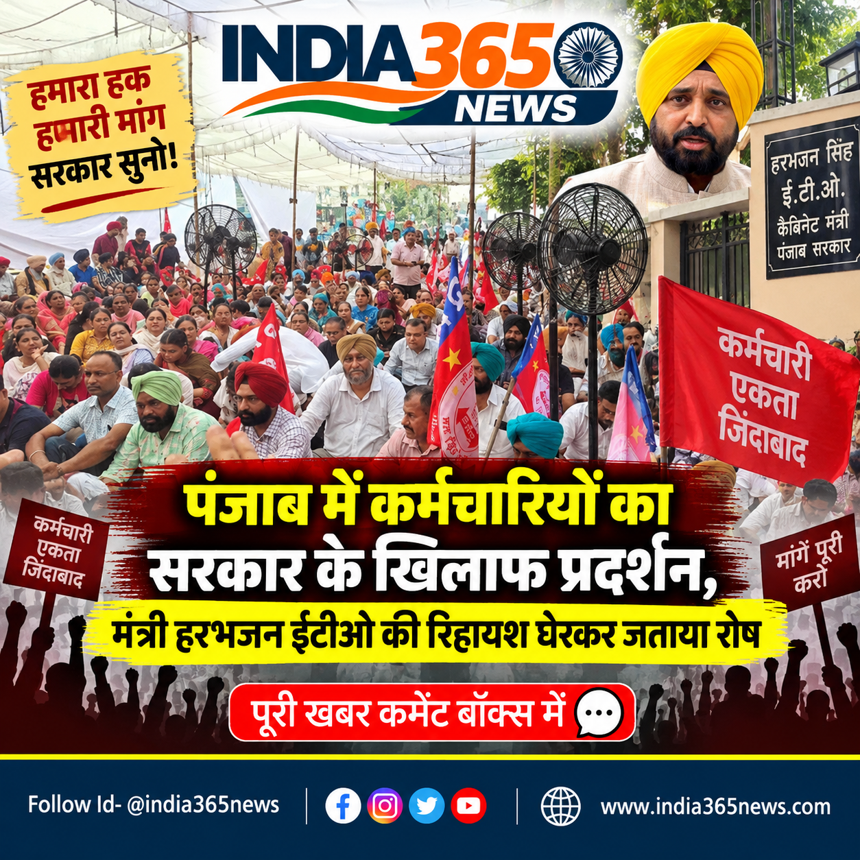 पंजाब में कर्मचारियों का सरकार के खिलाफ प्रदर्शन, मंत्री हरभजन ईटीओ की रिहायश घेरकर जताया रोष