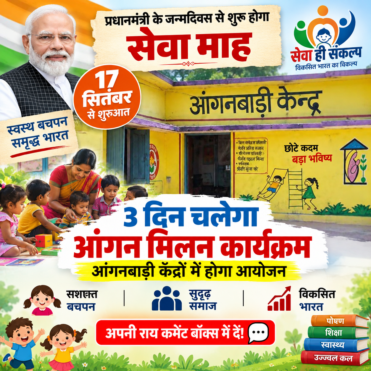 प्रधानमंत्री की जन्मदिवस से शुरू होने वाले सेवा माह में 3 दिन चलेगा आंगनबाड़ी केंद्रों में आंगन मिलन कार्यक्रम