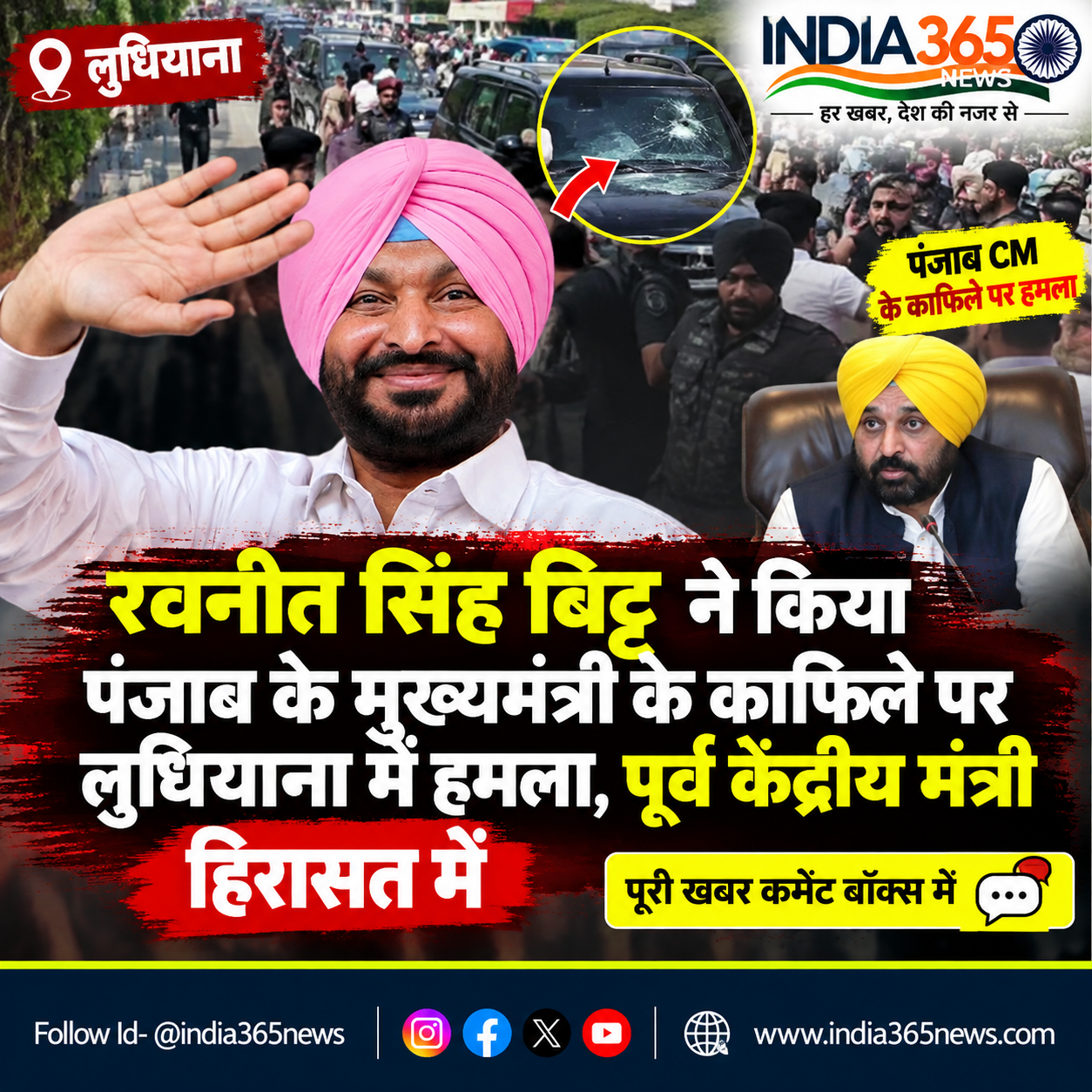 रवनीत सिंह बिट्टू ने किया पंजाब के मुख्यमंत्री के काफिले पर लुधियाना में हमला, पूर्व केंद्रीय मंत्री हिरासत में