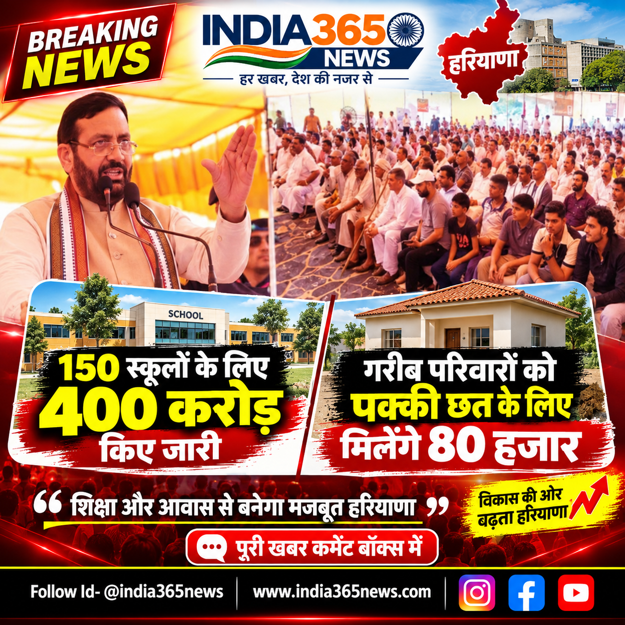 हरियाणा के 150 स्कूलों के लिए 400 करोड़ किए जारी, गरीब परिवारों को पक्की छत के लिए मिलेंगे 80 हजार