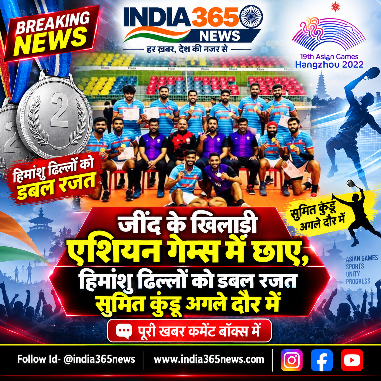 जींद के खिलाड़ी एशियन गेम्स में छाए, हिमांशु ढिल्लों को डबल रजत
सुमित कुंडू अगले दौर में