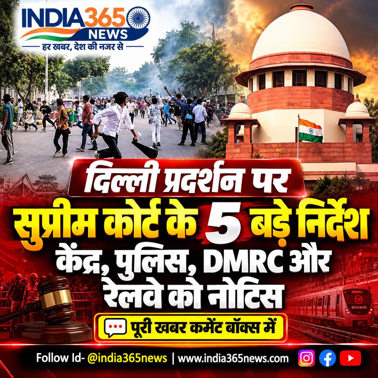 दिल्ली प्रदर्शन पर सुप्रीम कोर्ट के 5 बड़े निर्देश, केंद्र, पुलिस, DMRC और रेलवे को नोटिस