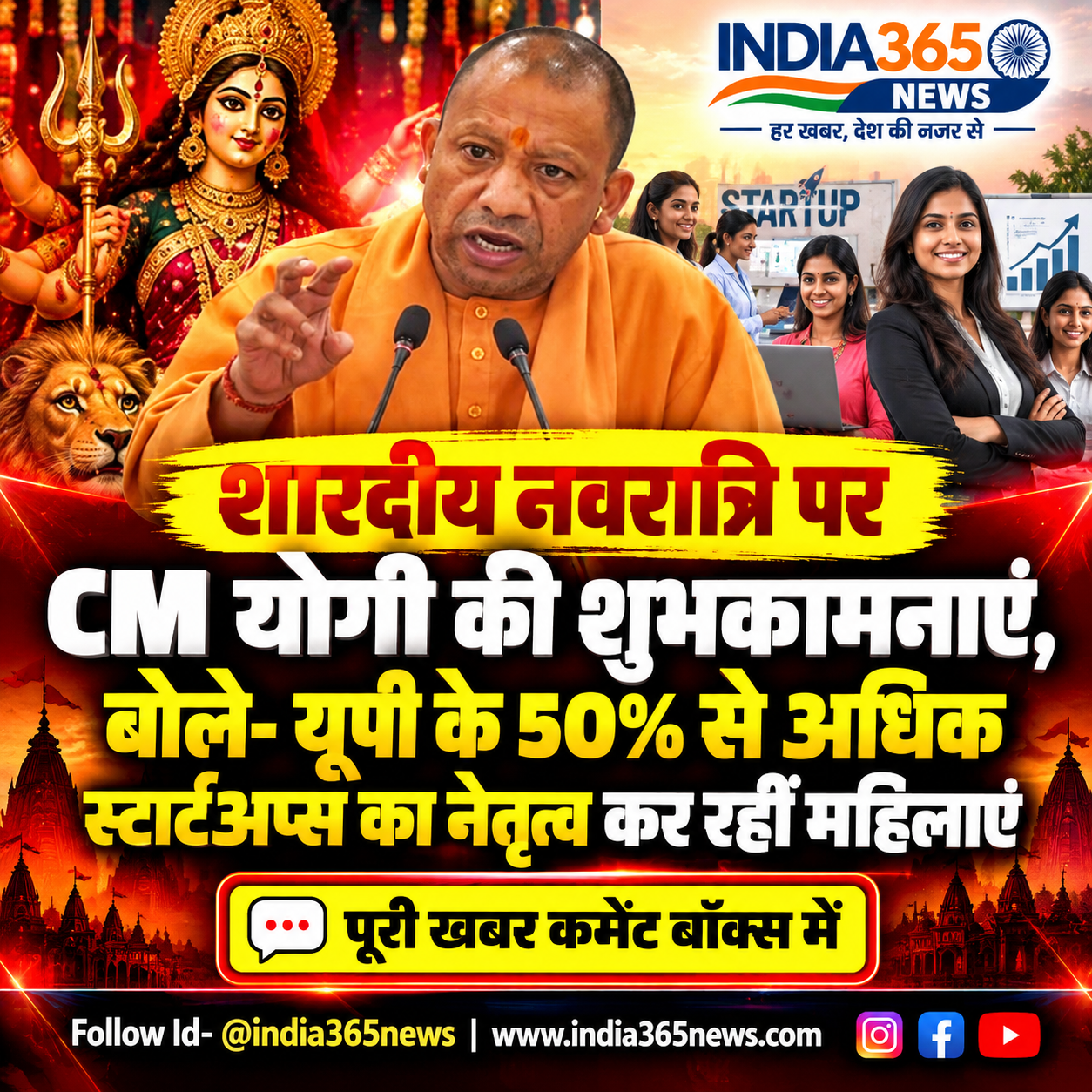 शारदीय नवरात्रि पर CM योगी की शुभकामनाएं, बोले- यूपी के 50% से अधिक स्टार्टअप्स का नेतृत्व कर रहीं महिलाएं